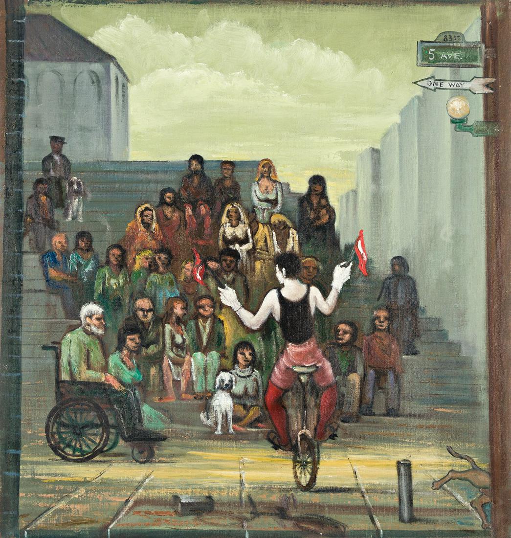 ALBERT PELS (1910-1998) One Wheel Bike Rider, Met Museum.: ALBERT PELS (1910-1998)One Wheel Bike Rider, Met Museum. Oil on canvas. Inscribed as titled on verso. 534x508 mm; 21x20 inches. Provenance: Estate of the artist; thence by descent to the current owner