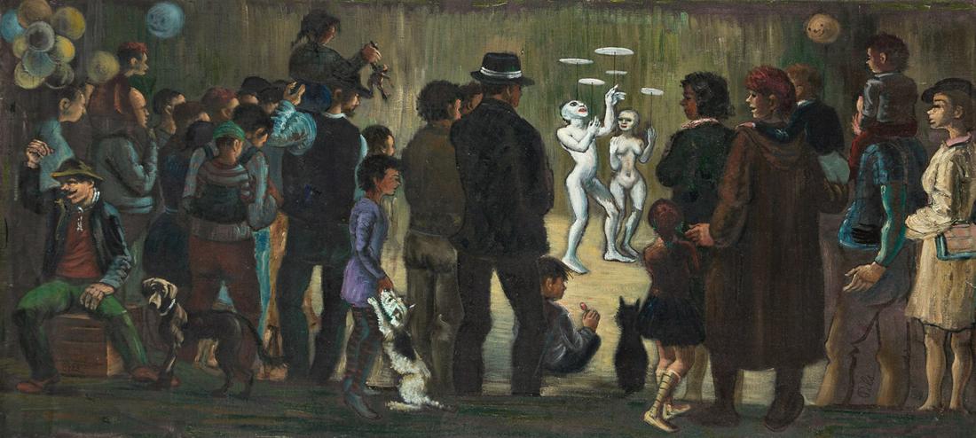 ALBERT PELS (1910-1998) The Street Entertainers.: ALBERT PELS (1910-1998)The Street Entertainers. Oil on canvas, 1984. Signed, Pels, and dated, 84, lower right. 508x1117 mm; 20x44 inches. Provenance: Estate of the artist; thence by descent to the cur