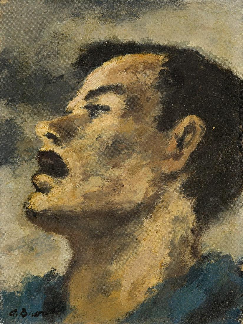ALEXANDER BROOK (1898-1980) Man Talking.: ALEXANDER BROOK (1898-1980)Man Talking. Oil on canvas, 1934. Signed, A. Brook, lower left. Stamped, May 16 1934, and inscribed, #116, and as titled on stretcher. 203x153 mm; 8x6 inches. Alexander Broo