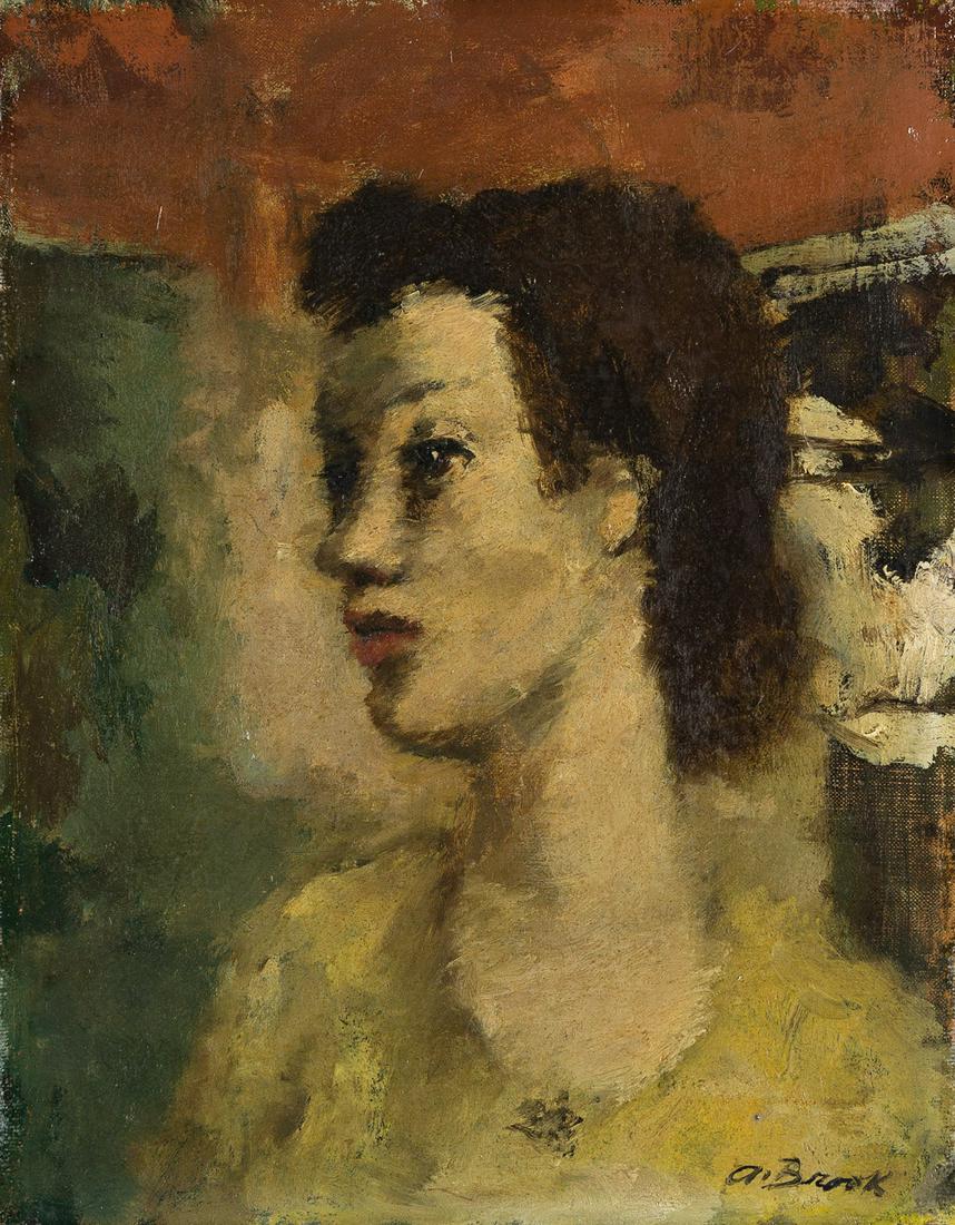 ALEXANDER BROOK (1898-1980) Head.: ALEXANDER BROOK (1898-1980)Head. Oil on canvas. Signed, A. Brook, lower right. Inscribed, #134 Head, and signed, Brook, on stretcher. 228x178 mm; 9x7 inches. The sitter for this portrait is believed t