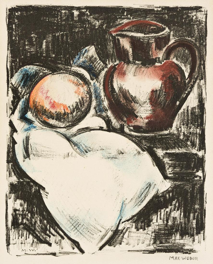 MAX WEBER (1881-1961) Still Life with a Pitcher.: MAX WEBER (1881-1961)Still Life with a Pitcher. Lithograph with hand coloring in pastel. 230x185 mm; 9¼x7½ inches, wide margins. Signed in pencil, lower right. Circa 1930.A Jewish-Americ