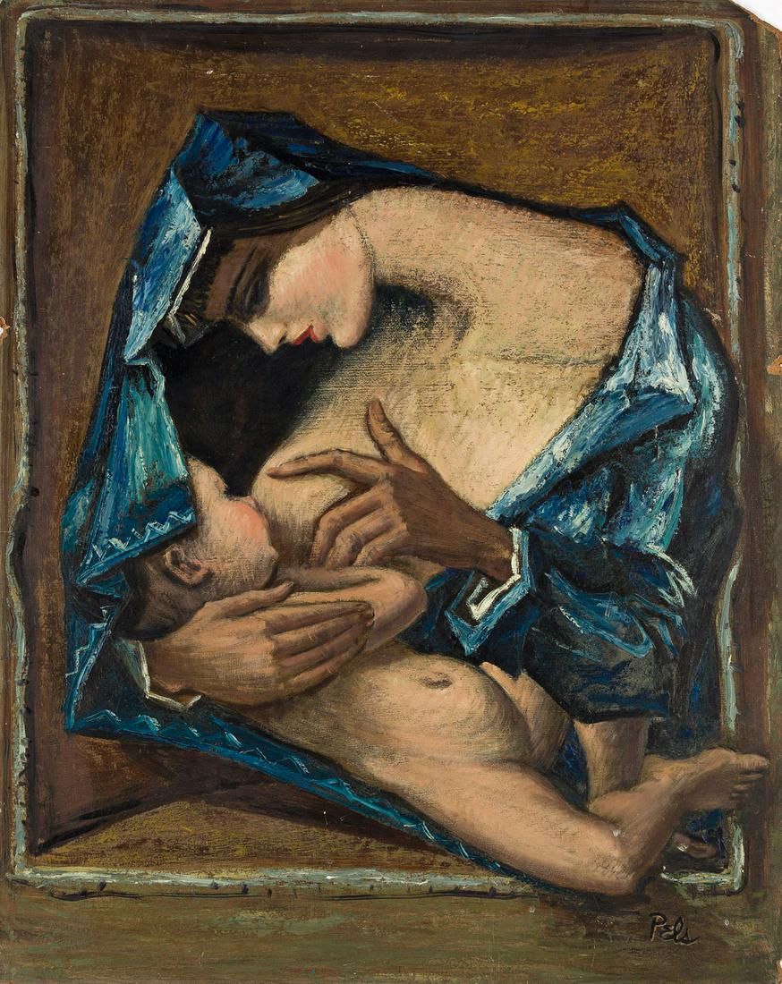 ALBERT PELS (1910-1998) Mother and Child.: ALBERT PELS (1910-1998)Mother and Child. Oil on masonite. Signed, Pels, lower right. inscribed, #133, and dated, 1950-58, on verso. 762x610 mm; 30x24 inches. Provenance: Estate of the artist; thence b
