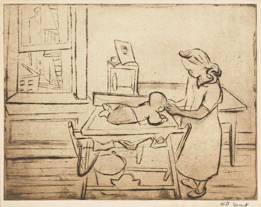 WILL BARNET (1911-2012) The Bassinette.: WILL BARNET (1911-2012)The Bassinette. Etching. 280x355 mm; 11x14 inches, full margins. Signed in pencil, lower right. 1939.A superb impression of this extremely scarce etching.Born in Beverly, Massac