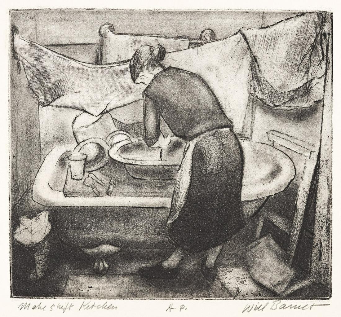 WILL BARNET (1911-2012) Makeshift Kitchen.: WILL BARNET (1911-2012)Makeshift Kitchen. Etching and aquatint. 175x200 mm; 6x7 inches, full margins. Artist's proof, aside from the edition of 20. Signed, titled and inscribed "A.P." in pencil, lower