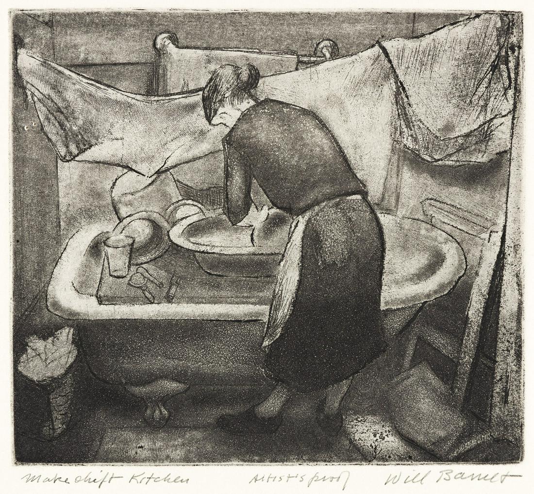 WILL BARNET (1911-2012) Makeshift Kitchen.: WILL BARNET (1911-2012)Makeshift Kitchen. Etching and aquatint. 175x195 mm; 7x7¾ inches, full margins. Artist's proof, aside from the edition of 10. Signed, titled and inscribed "Artist's Proof