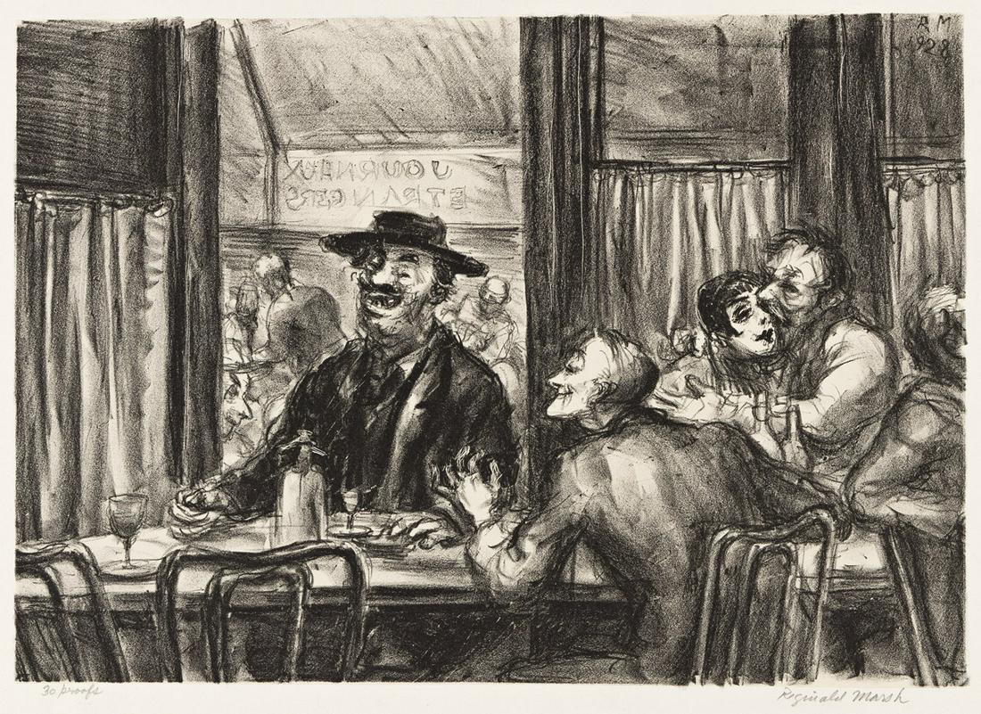 REGINALD MARSH (1898-1954) CafÃ© du DÃ´me.: REGINALD MARSH (1898-1954)CafÃ© du DÃ´me. Lithograph on Chine appliquÃ©. 215x305 mm; 8½12 inches, wide margins. Edition of 30. Signed and inscribed "30 proofs" in pencil, lower margin. 19