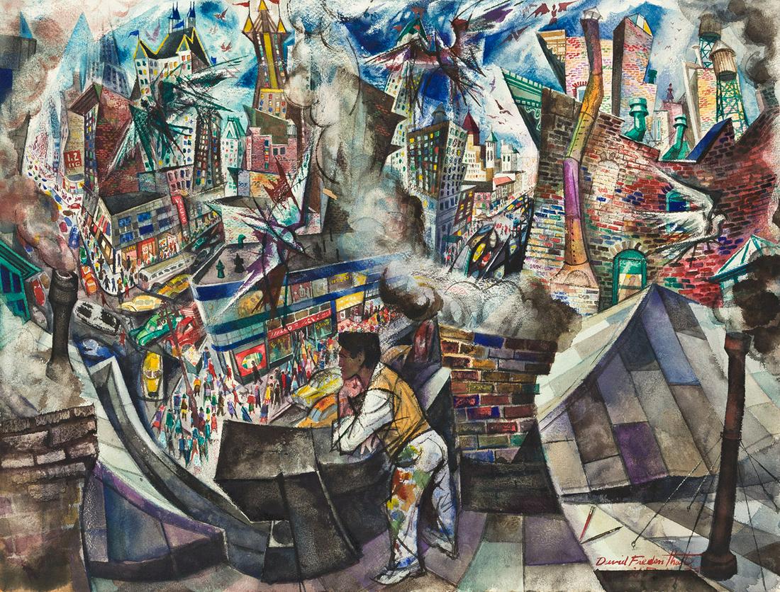 DAVID FREDENTHAL (1914-1958) Manhattan and Me.: DAVID FREDENTHAL (1914-1958)Manhattan and Me. Watercolor on paper, 1949. Signed, David Fredenthal, lower right. 476x635 mm; 18x25 inches. Provenance: The Downtown Gallery, NY; Peridot Gallery, NY; The