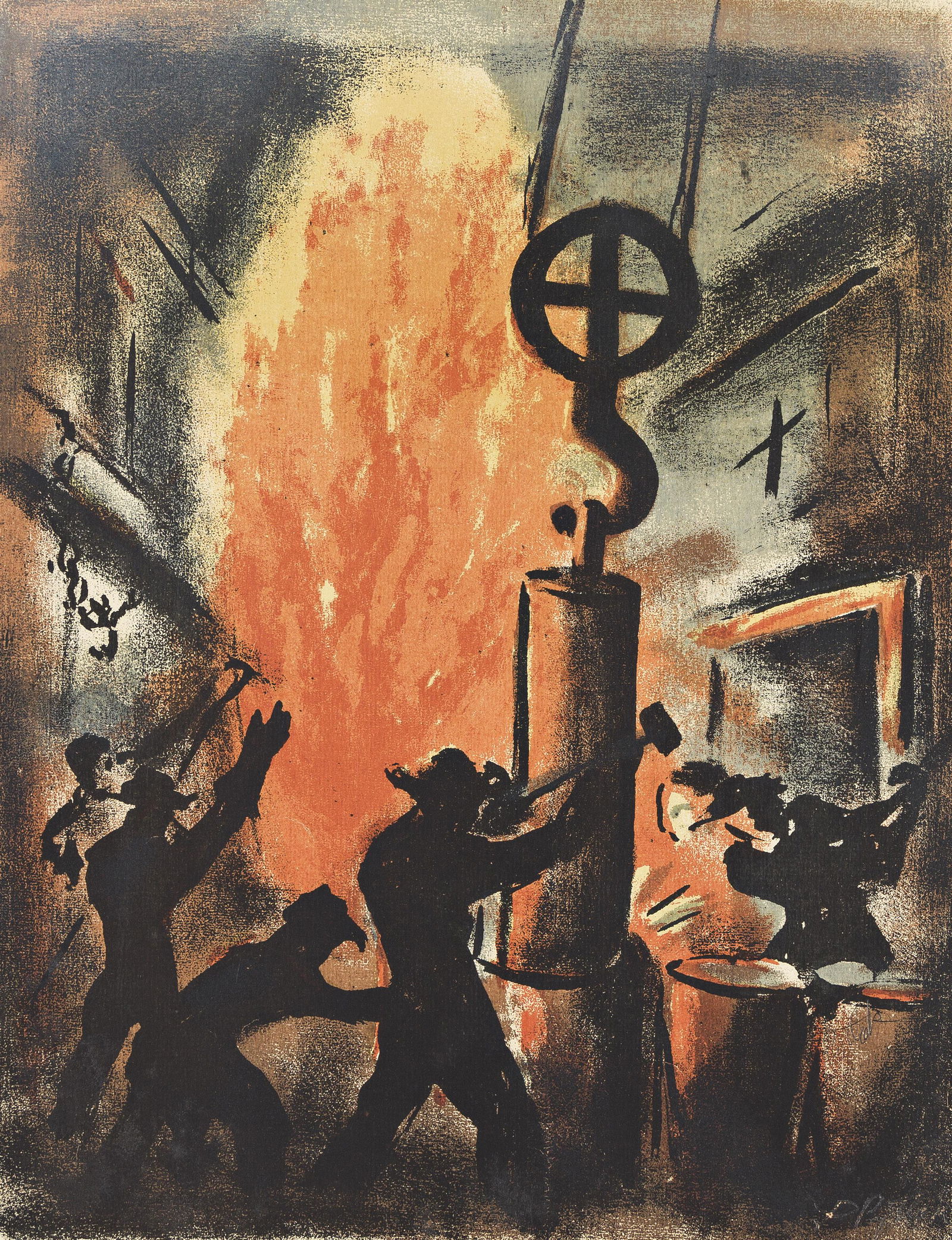 LEONARD PYTLAK (1910-1998) Untitled (Foundry).: LEONARD PYTLAK (1910-1998)Untitled (Foundry). Color screenprint. 400x320 mm; 15¾x12 inches, wide margins. Signed twice in pencil, lower right. 1946-47. A very good impression with strong colors