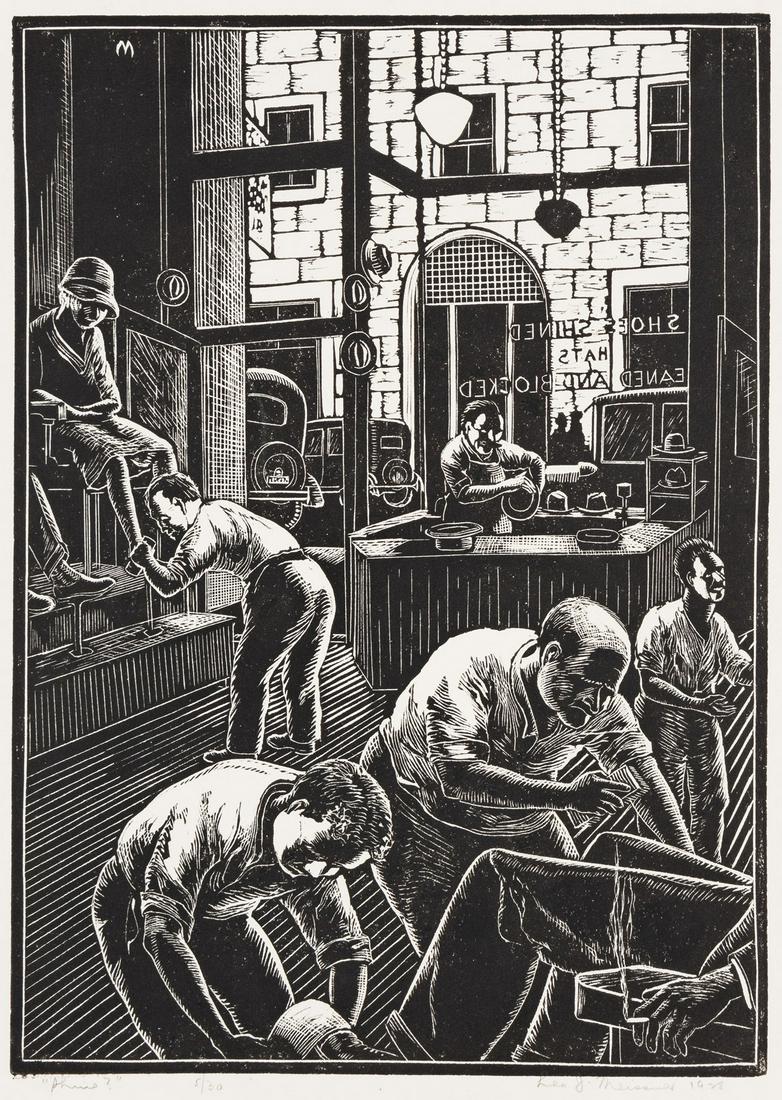 LEO J. MEISSNER (1895-1977) Shine?: LEO J. MEISSNER (1895-1977)Shine? Linoleum cut on cream paper, 1928. 293x216 mm; 11x8 inches, full margins. Signed, dated, titled and numbered 5/30 in pencil, lower margin.