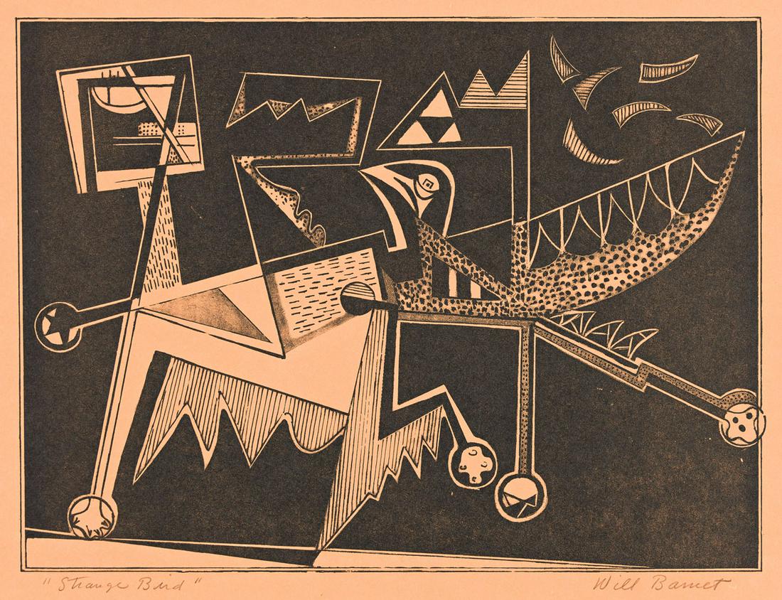 WILL BARNET (1911-2012) Strange Bird.: WILL BARNET (1911-2012)Strange Bird. Lithograph on reddish orange wove paper. 252x338 mm; 10x13¼ inches, full margins. Edition of 300. Signed and titled in pencil, lower margin. Published by La