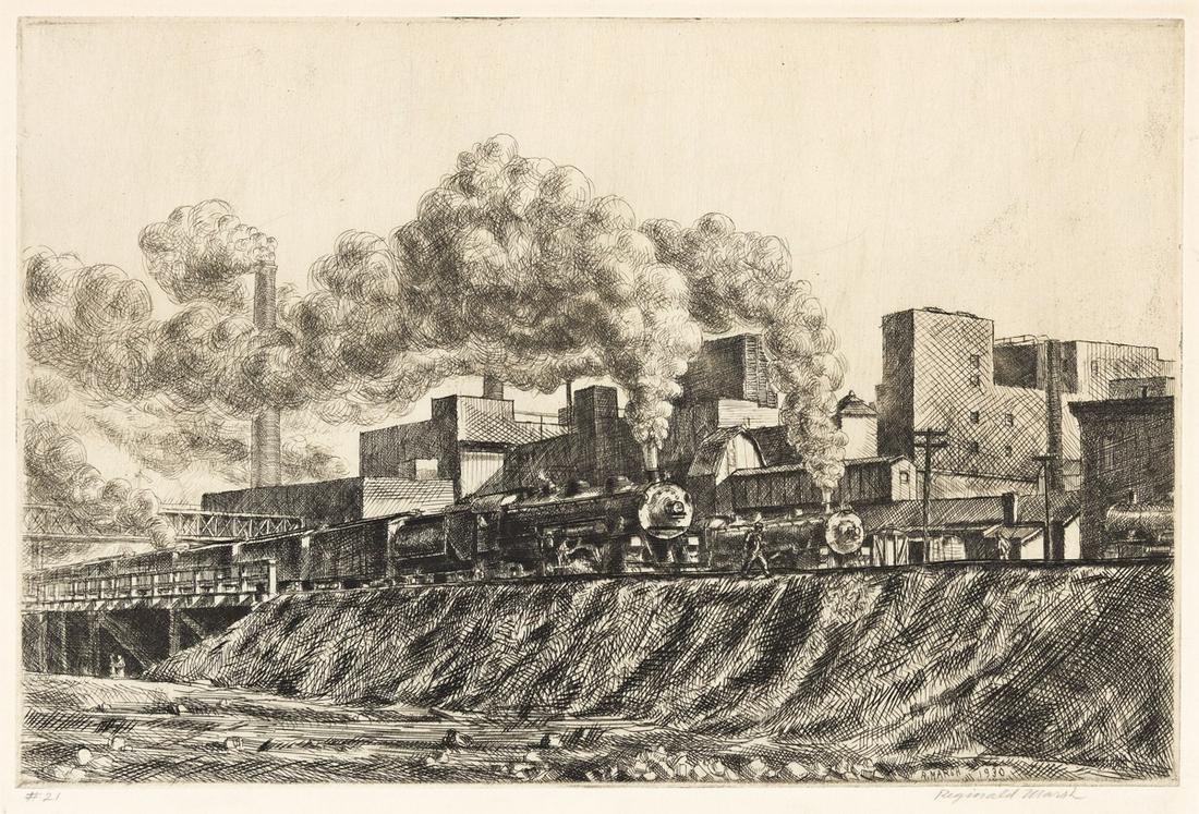 REGINALD MARSH (1898-1954) Erie R.R. and Factories.: REGINALD MARSH (1898-1954)Erie R.R. and Factories. Etching and engraving. 200x300 mm; 7x11 inches, wide margins. Sixth state (of 6). Edition of approximately 46. Signed and numbered "#21" in pencil, l