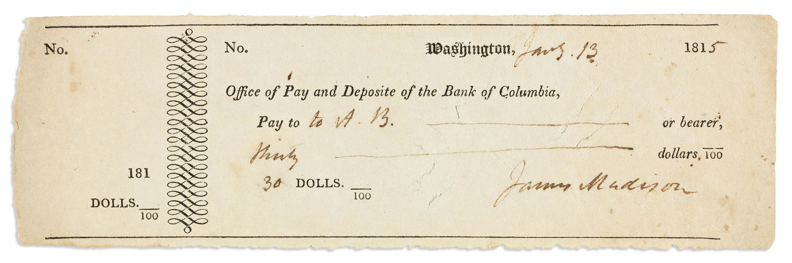 MADISON, JAMES. Check accomplished and Signed, as President, (1 of 1)