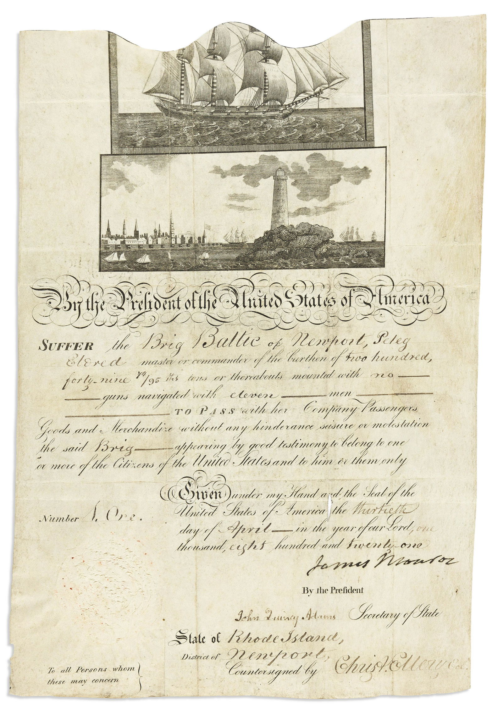 MONROE, JAMES. Partly-printed vellum Document Signed, as President, (1 of 1)