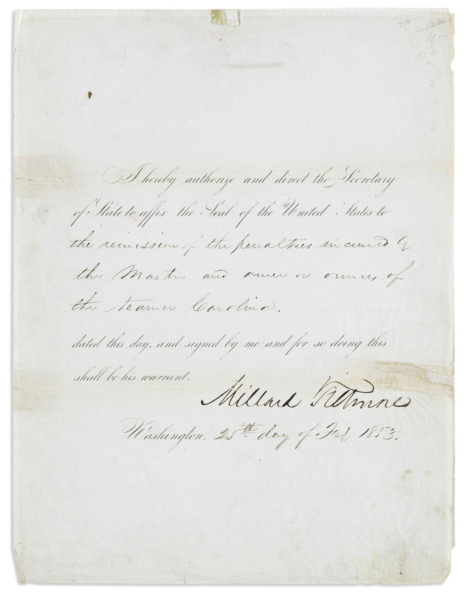 (PRESIDENTS.) Group of 5 Documents Signed, each as President: John Quincy Adams * Millard Fillmore * (1 of 5)