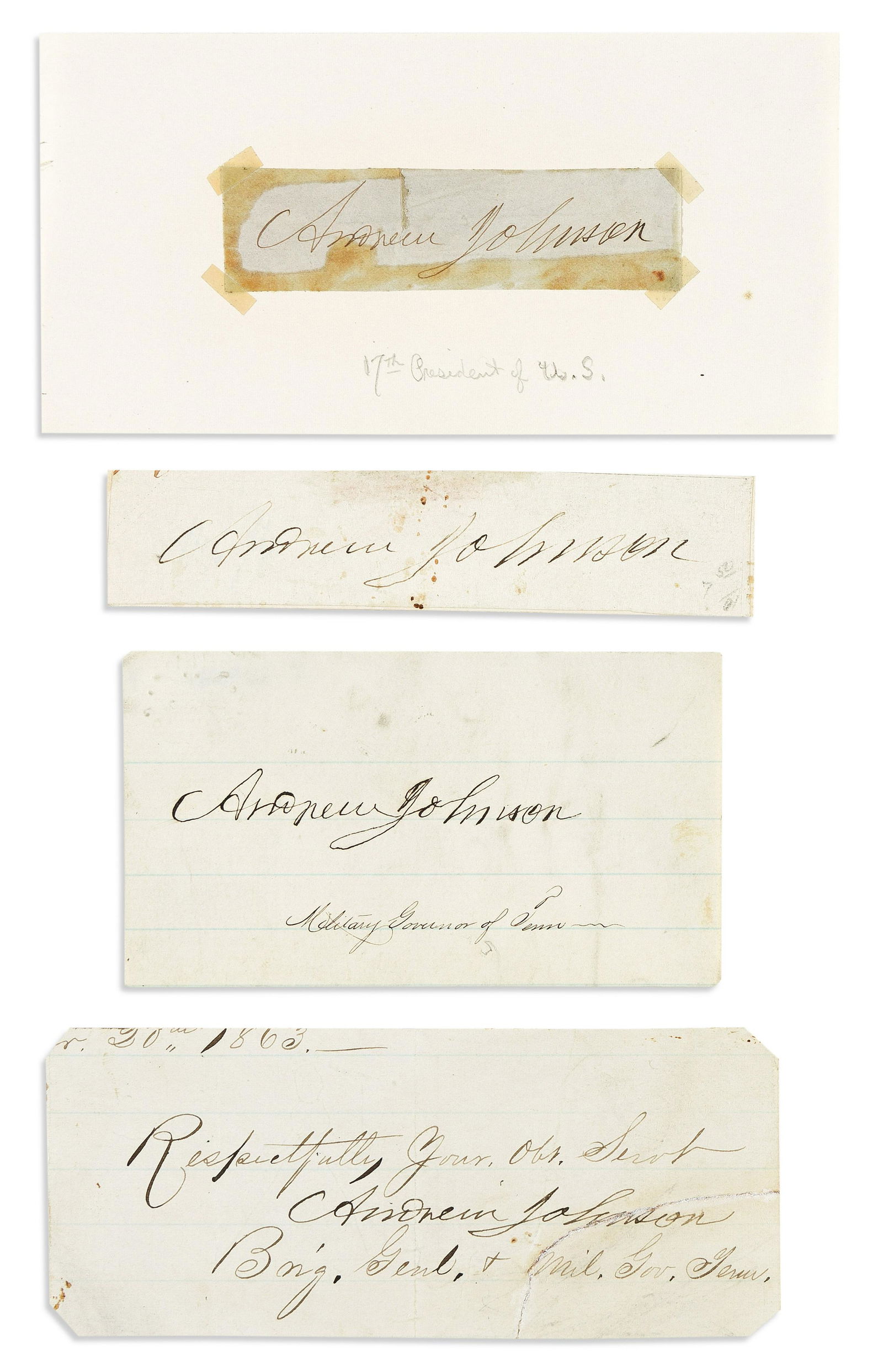 (PRESIDENTS--19TH CENTURY.) Group of 17 clipped Signatures, two as President, each on a slip of (1 of 6)