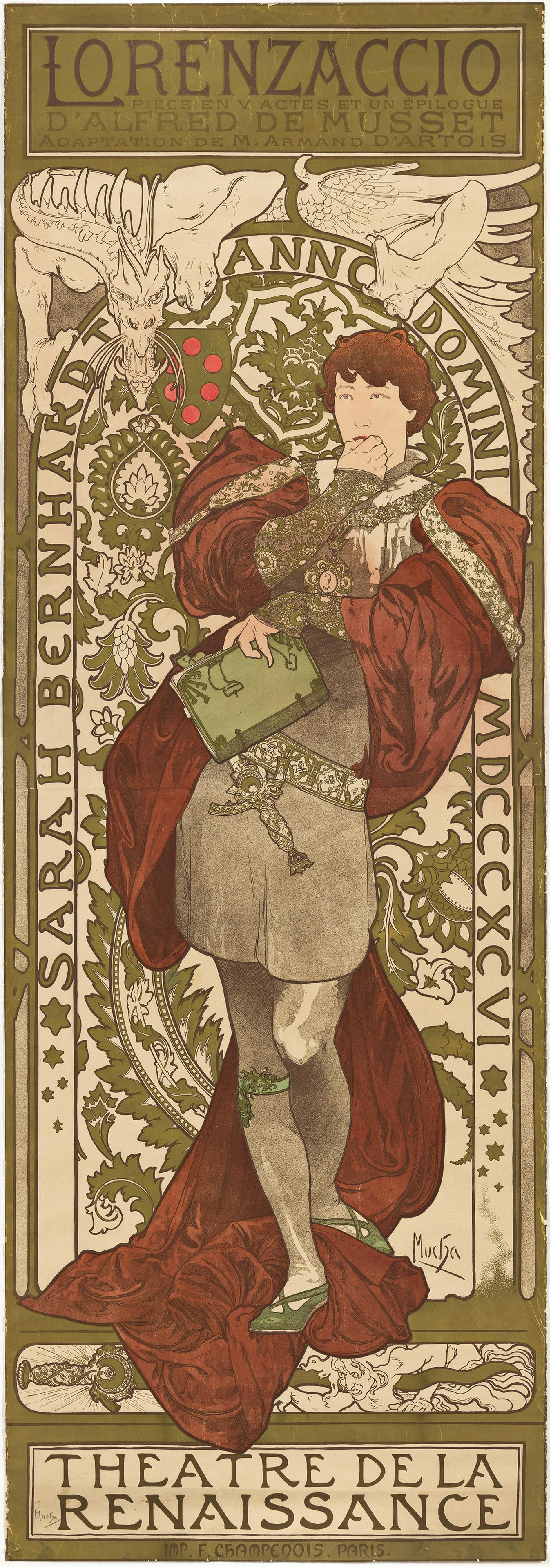 ALPHONSE MUCHA (1860-1939).  LORENZACCIO / THEATRE DE LA RENAISSANCE. 1896. 79x27½ inches, (1 of 1)