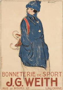 CHARLES LOUPOT (1892-1962). BONNETERIE DE SPORT / J.G. WEITH. 1918. 49¾x34½ inches,: CHARLES LOUPOT (1892-1962) BONNETERIE DE SPORT / J.G. WEITH. 1918. 49¾x34½ inches, 126¼x87½ cm. Atar, Geneva. Condition B+: expertly-repaired tear at bottom right edge, through tex