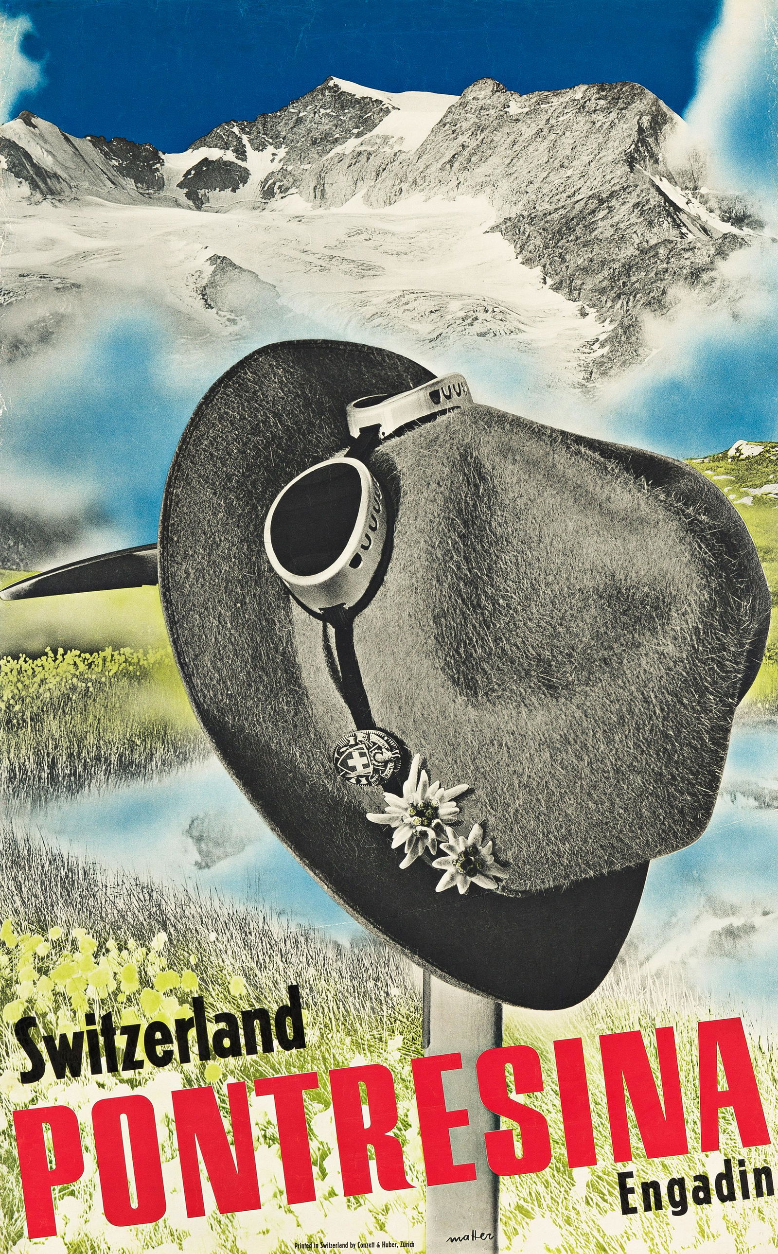 HERBERT MATTER (1907-1984). PONTRESINA / SWITZERLAND. 1935. 39½x24¼ inches, 100¼: HERBERT MATTER (1907-1984) PONTRESINA / SWITZERLAND. 1935. 39½x24¼ inches, 100¼x61½ cm. Conzeff & Huber, Zurich. Condition B+: repaired tears, creases, abrasions and restoration at