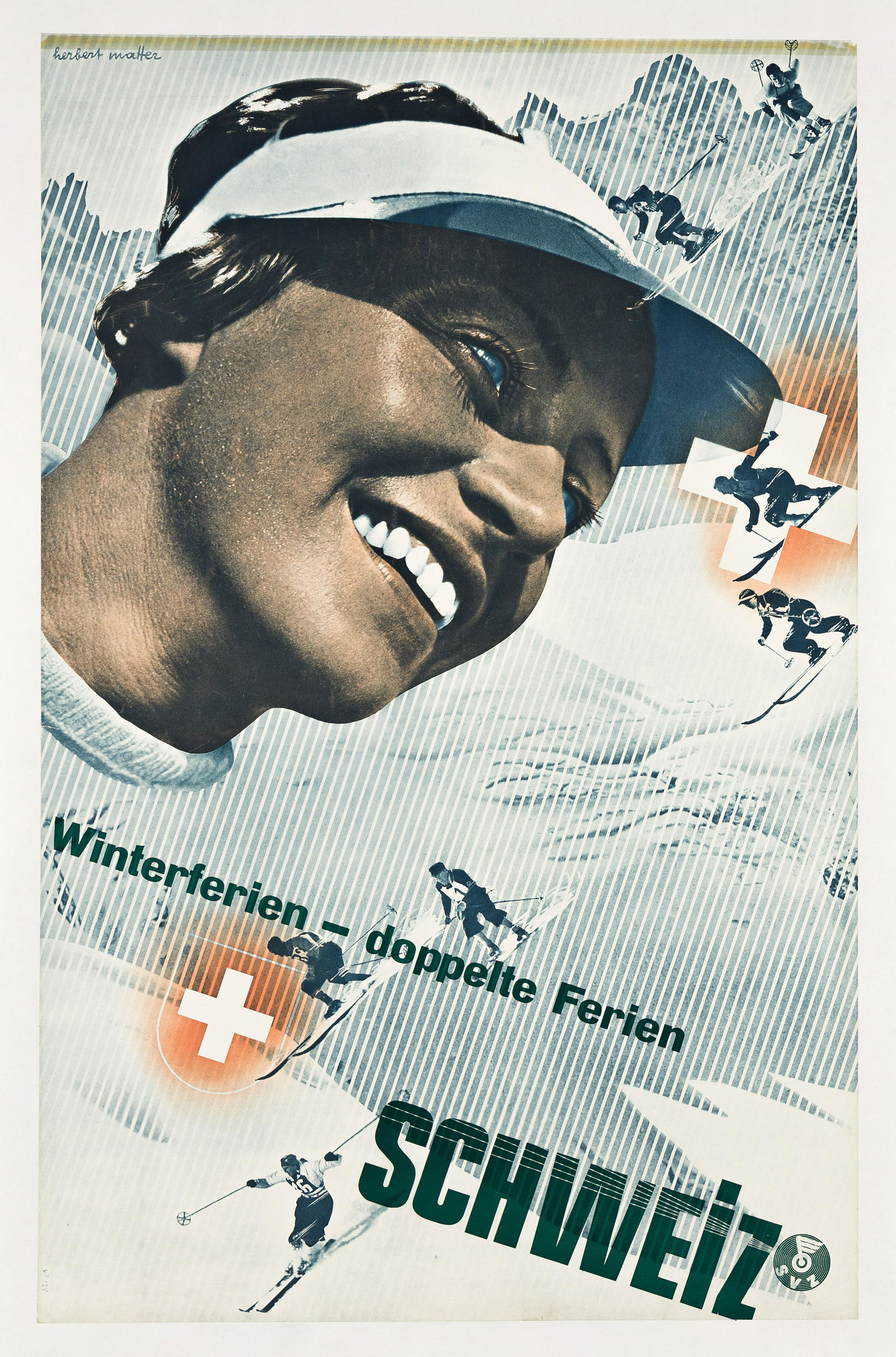 HERBERT MATTER (1907-1984). WINTERFERIEN - DOPPELTE FERIEN / SCHWEIZ. 1936. 40x25½ inches,: HERBERT MATTER (1907-1984) WINTERFERIEN - DOPPELTE FERIEN / SCHWEIZ. 1936. 40x25½ inches, 101½x65 cm. Condition A- / B+: repaired tears at edges; slight time-staining at top edge; creases wi