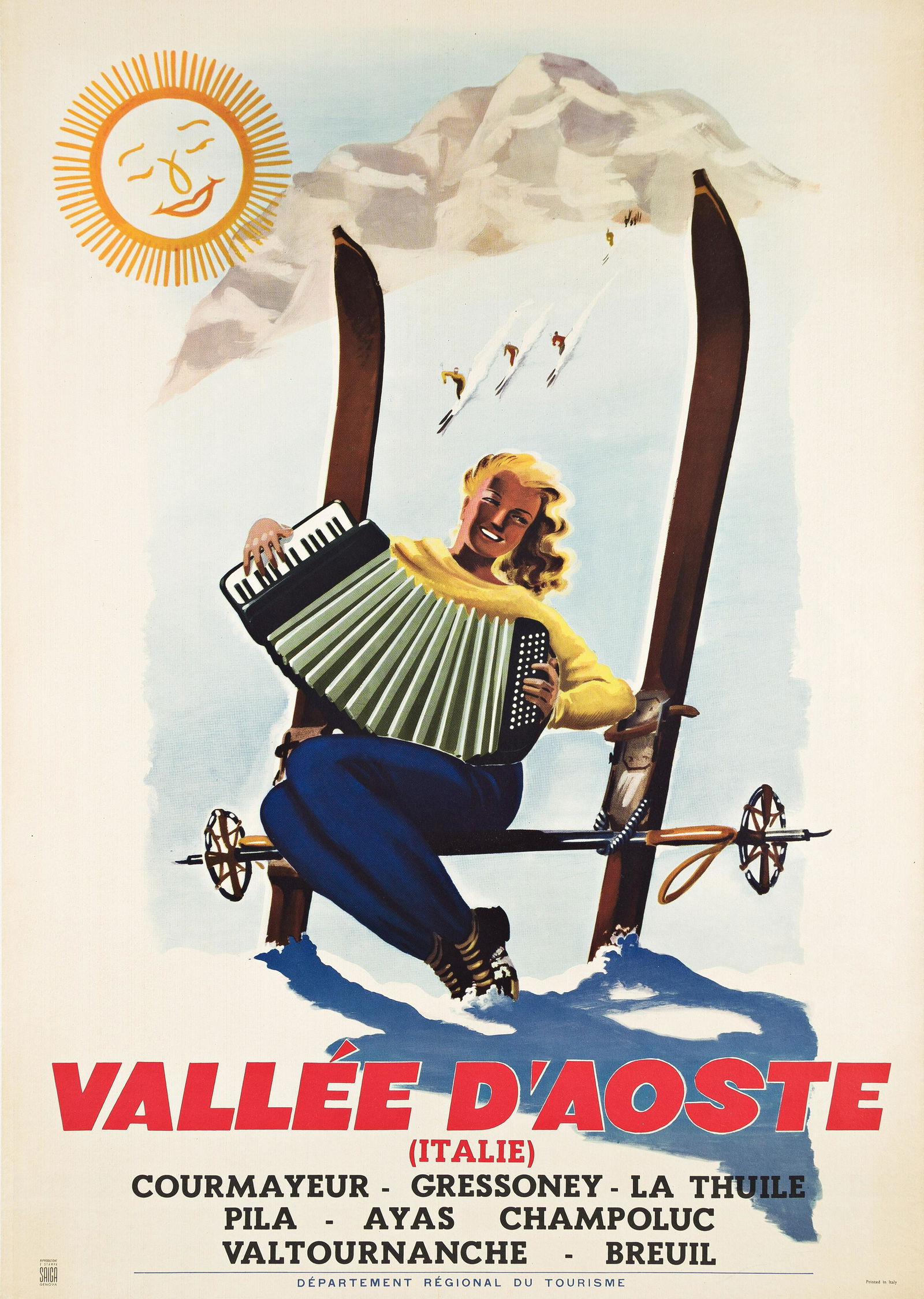 FILIPPO ROMOLI (1901-1969). VALLÉE D’AOSTE. Circa 1950. 39x27½ inches, 99x70 cm.: FILIPPO ROMOLI (1901-1969) VALLÉE D’AOSTE. Circa 1950. 39x27½ inches, 99x70 cm. Saiga, Genova. Condition A-: minor creases, abrasions and slight darkening at edges; minor vertical foxi