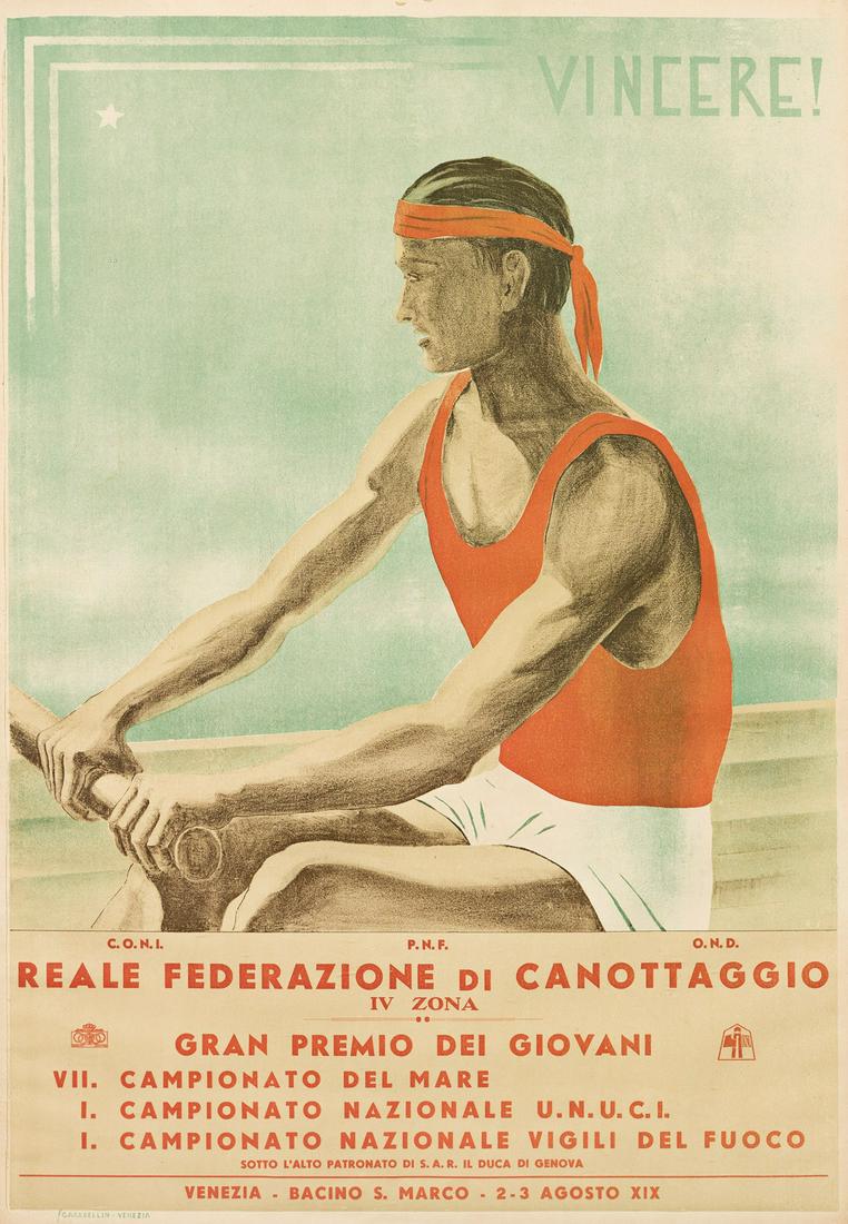 R. SALVA (DATES UNKNOWN).  VINCERE! REALE FEDERAZIONE CANOTAGGIO. 1941. 38½x26½ inches, (1 of 1)