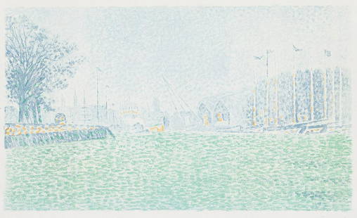 PAUL SIGNAC À Flessingue.: PAUL SIGNAC À Flessingue. Color lithograph on Chine volant, 1895. 237x402 mm; 9x15 inches, full margins. Second state (of 3), with the remarqué lower right. Edition of 20 in this state, from