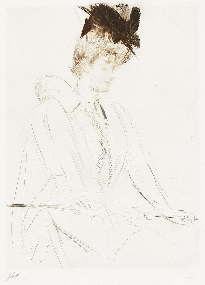 PAUL CÉSAR HELLEU Femme à l'ombrelle.: PAUL CÉSAR HELLEU Femme à l'ombrelle. Color drypoint, circa 1900. 395x295 mm; 15x11 inches, wide margins. Signed in pencil, lower left. A very good impression.