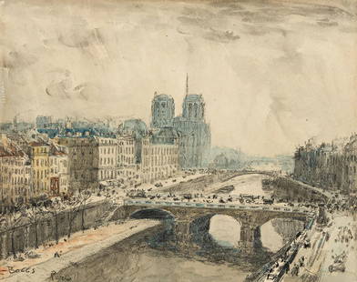 FRANK MYERS BOGGS Paris, View of the Seine and Notre Dame.: FRANK MYERS BOGGS Paris, View of the Seine and Notre Dame. Watercolor, black chalk, crayon and pencil on paper, circa 1895-1900. 327x411 mm; 13x16¼ inches. Signed and inscribed "Paris" in crayon,