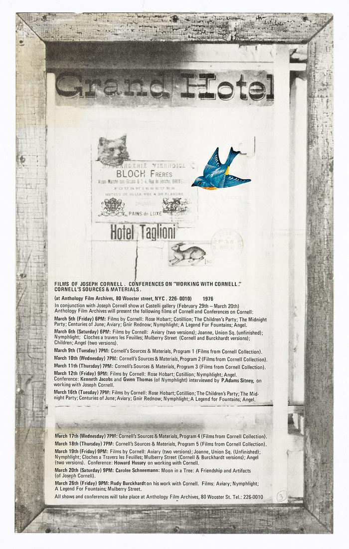 JOSEPH CORNELL Collection of mail art, photography and typed letters signed.: JOSEPH CORNELL Collection of mail art, photography and typed letters signed. Including three works of mail art (two with photography and one collage), 14 typed letters signed and additional pamphlets,