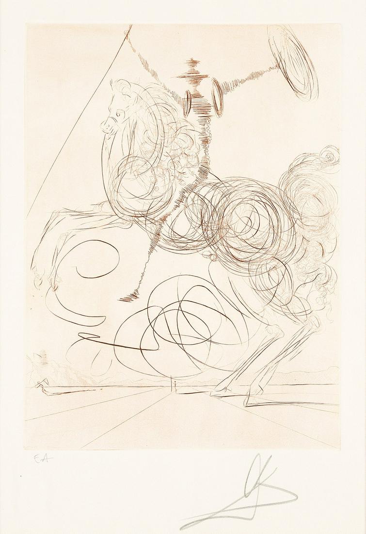 SALVADOR DALÍ Don Quichotte (Horseman).: SALVADOR DALÍ Don Quichotte (Horseman). Etching printed in dark reddish brown, 1964-75. 390x295 mm; 15½x11¾ inches, full margins. Artist's proof, aside from the edition of 200. Signed a