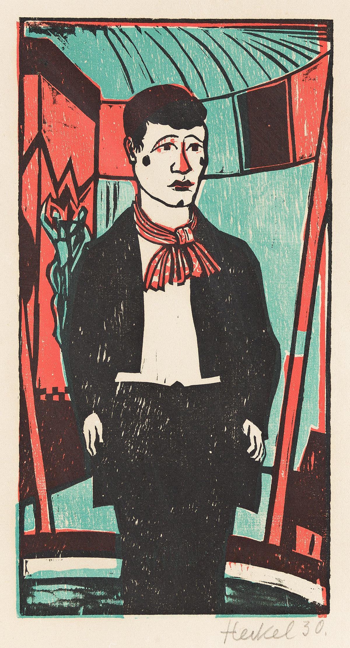 ERICH HECKEL Junger Clown.: ERICH HECKEL Junger Clown. Color woodcut, 1929. 293x155 mm; 11x6 inches, full margins. Signed and dated "30" in pencil, lower right. A very good impression with strong colors. Dube 344.