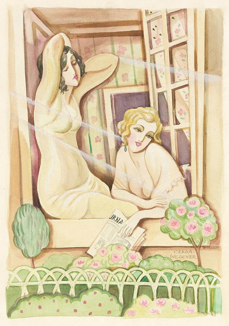 GERDA WEGENER Two Women in a Window.: GERDA WEGENER Two Women in a Window. Watercolor, chalk and pencil, circa 1920. 375x285 mm; 14x11¼ inches. Signed in watercolor, lower right recto. Provenance: Private collection, Connecticut. Weg