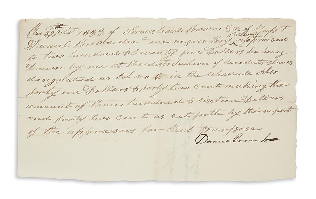 (SLAVERY & ABOLITION.) Group of 3 receipts for slaves owned by the Brown family of Culpeper County, (1 of 1)