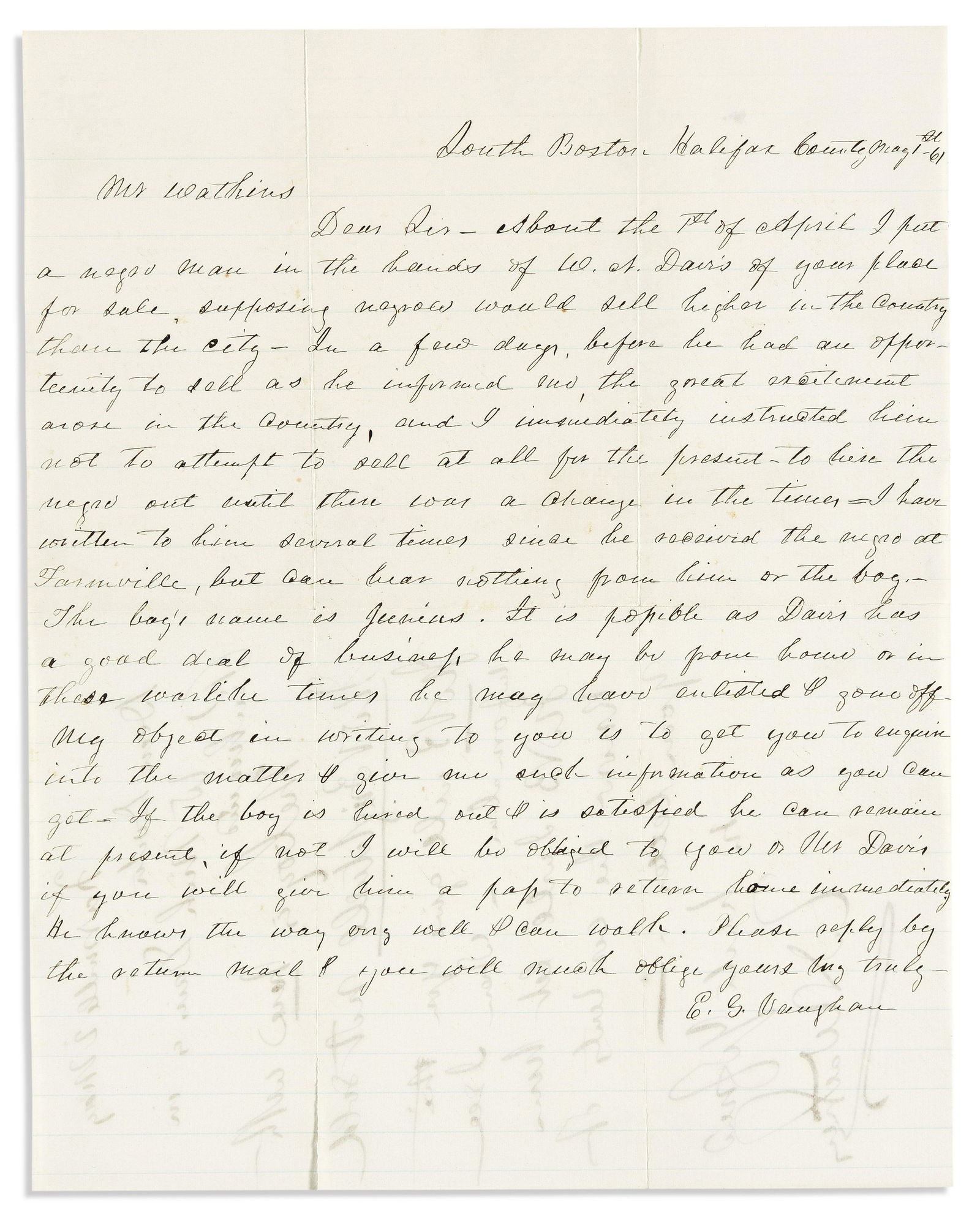 (SLAVERY & ABOLITION.) Letter tracking the sale of an enslaved man just as the Civil War broke out. (1 of 2)