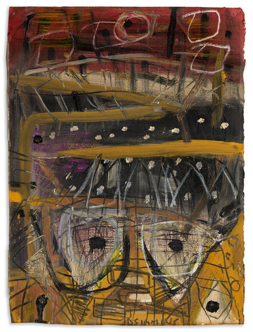 DANNY SIMMONS (1953 - ) Ancestral Eyes.: DANNY SIMMONS (1953 - )Ancestral Eyes.Acrylic, pastel and graphite on wove paper, 1999. 381x279 mm; 15x11 inches. Signed in graphite, lower edge.Provenance: acquired directly from the artist, private