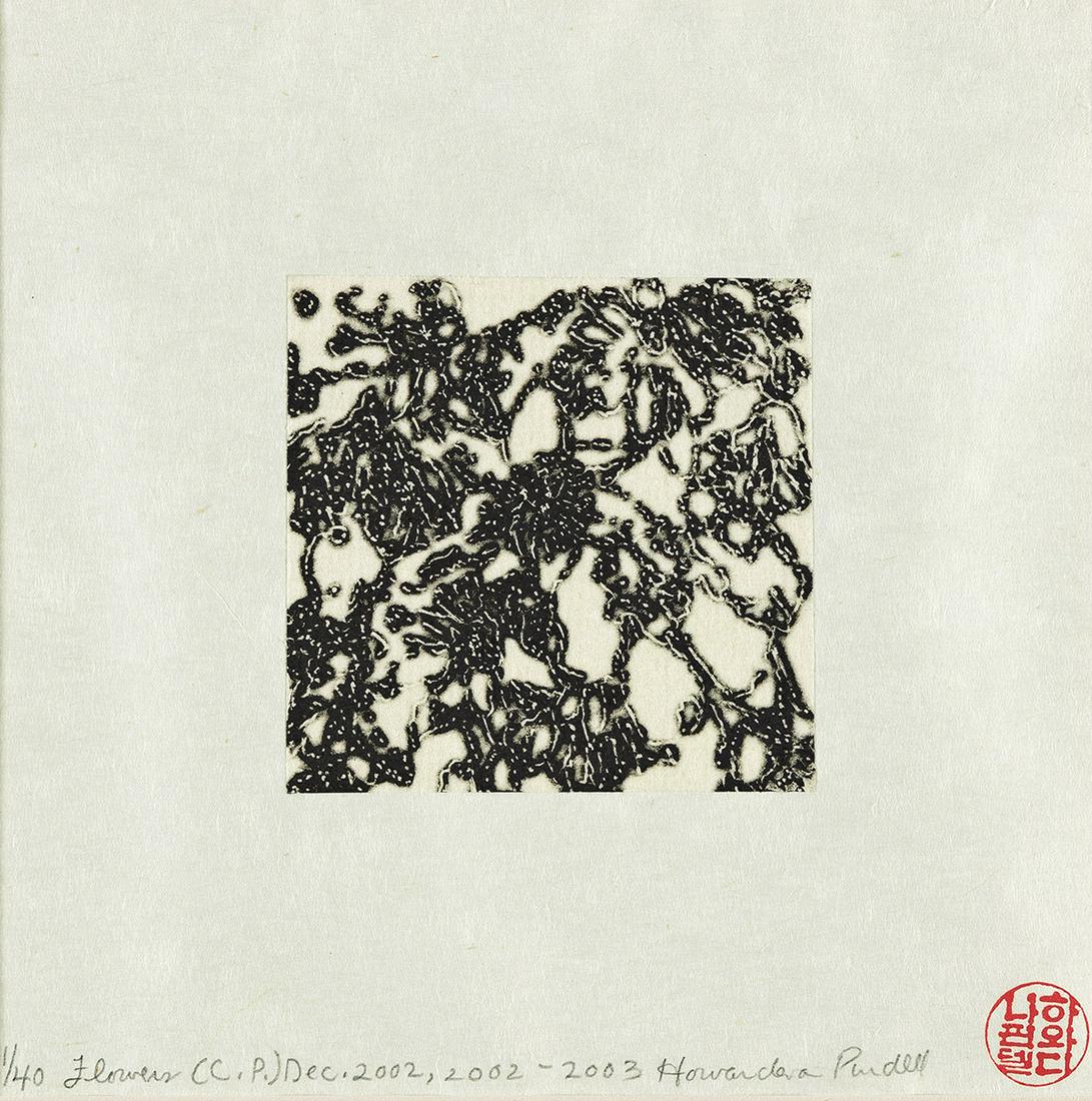 HOWARDENA PINDELL (1943 - ) Flowers (CP).: HOWARDENA PINDELL (1943 - )Flowers (CP).Open bite etching on cream chine collÃ© on thin off-white Japan paper, 2002-2003. 89x89 mm; 3x3 inches, full margins. Signed, dated, titled and numbered 1/40