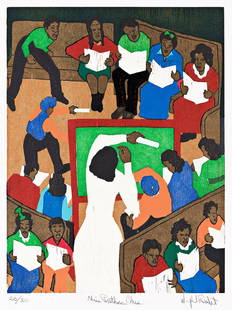 WINFRED REMBERT (1945 - 2021) Miss Prather's Class.: WINFRED REMBERT (1945 - 2021)Miss Prather's Class.Color reduction woodcut with screenprint and embossing on BFK Rives paper, 2014. 403x305 mm; 15x12 inches, full margins. Signed, titled and numbered