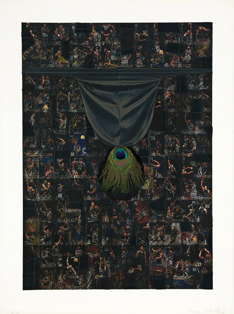 NARI WARD (1963 - ) Courtship Replay.: NARI WARD (1963 - )Courtship Replay.Offset color lithograph, screenprint and feather collage, 2017. 673x483 mm; 26x19 inches, full margins. Signed, dated and numbered 18/25 in pencil, lower margin.