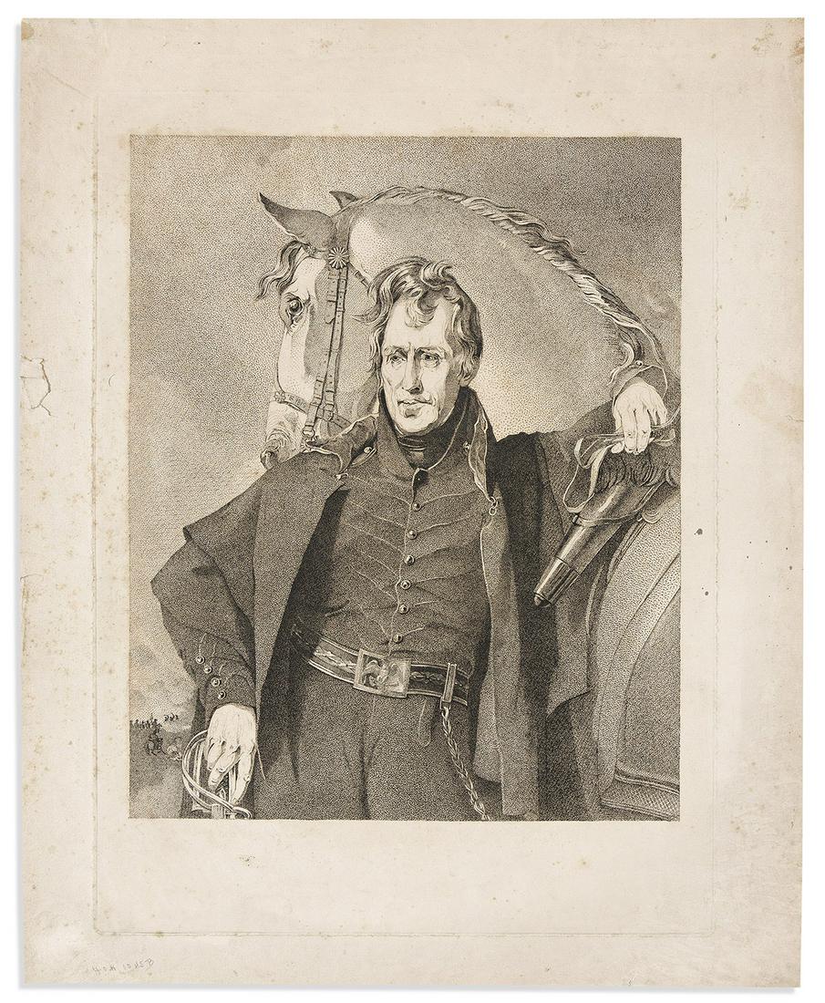 (PRESIDENTS.) James B. Longacre, engraver; after Thomas Sully. "Major General Andrew Jackson," with: (PRESIDENTS.) James B. Longacre, engraver; after Thomas Sully. "Major General Andrew Jackson," with a very early proof. Pair of stipple engravings. Completed print: 20¼ x 18¼; uneven toning,