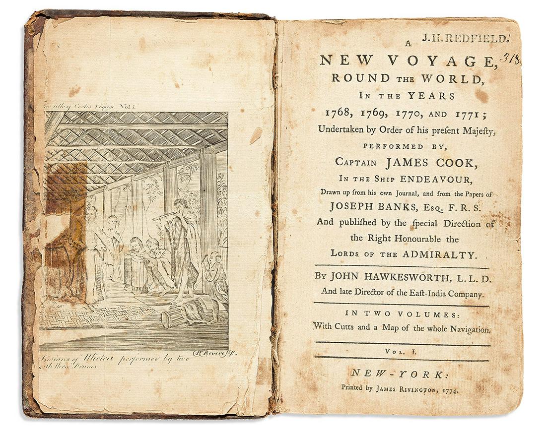 (TRAVEL.) John Hawkesworth. A New Voyage Round The World.: (TRAVEL.) John Hawkesworth. A New Voyage Round The World. Map, 2 folding frontispieces (one by Paul Revere), all incomplete and defective. [2], 17, [1], 4, [2], 260; [2], 250 pages. 2 volumes. 12mo, c