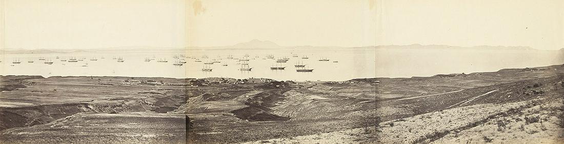 FELICE BEATO (1832-1909) Panorama in three parts of Talien Whan Bay [Dalian Bay].: FELICE BEATO (1832-1909) Panorama in three parts of Talien Whan Bay [Dalian Bay]. Albumen prints, overall measuring 34x9 inches (86.4x22.9 cm.), the central panel mounted to paper 11x13 inches (27.9x3