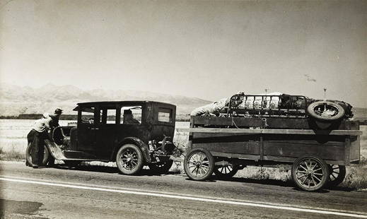 ARTHUR ROTHSTEIN (1915-1985) Drought Refugees from South Dakota during the Dust Bowl.: ARTHUR ROTHSTEIN (1915-1985) Drought Refugees from South Dakota during the Dust Bowl. Silver print, the image measuring 5x9 inches (14.6x24.4 cm.), the mount 14x11 inches (35.6x27.9 cm.), with Rothste
