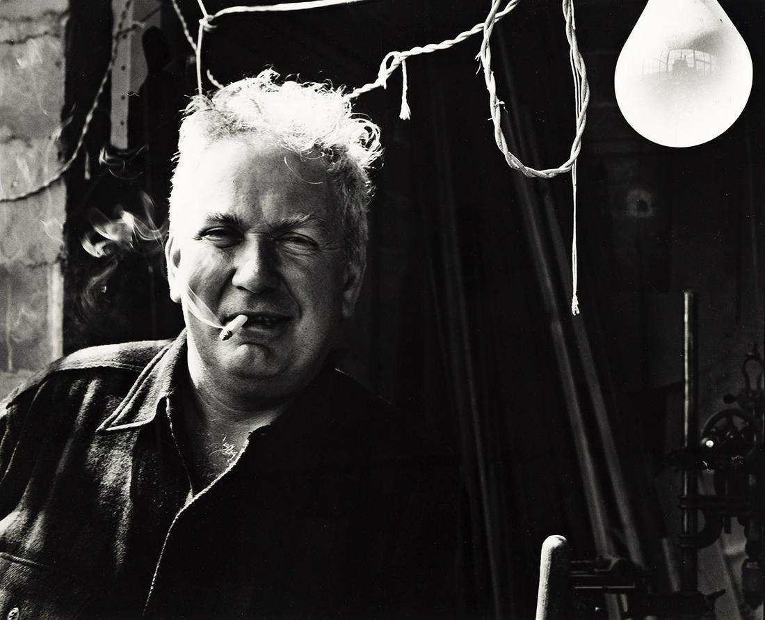 HERBERT MATTER (1907-1984) Alexander Calder in his Roxbury Studio.: HERBERT MATTER (1907-1984) Alexander Calder in his Roxbury Studio. Silver print, the image measuring 16x19 inches (40.6x50.5 cm.), with Matter's New York credit stamp on verso. 1947; printed 1960s