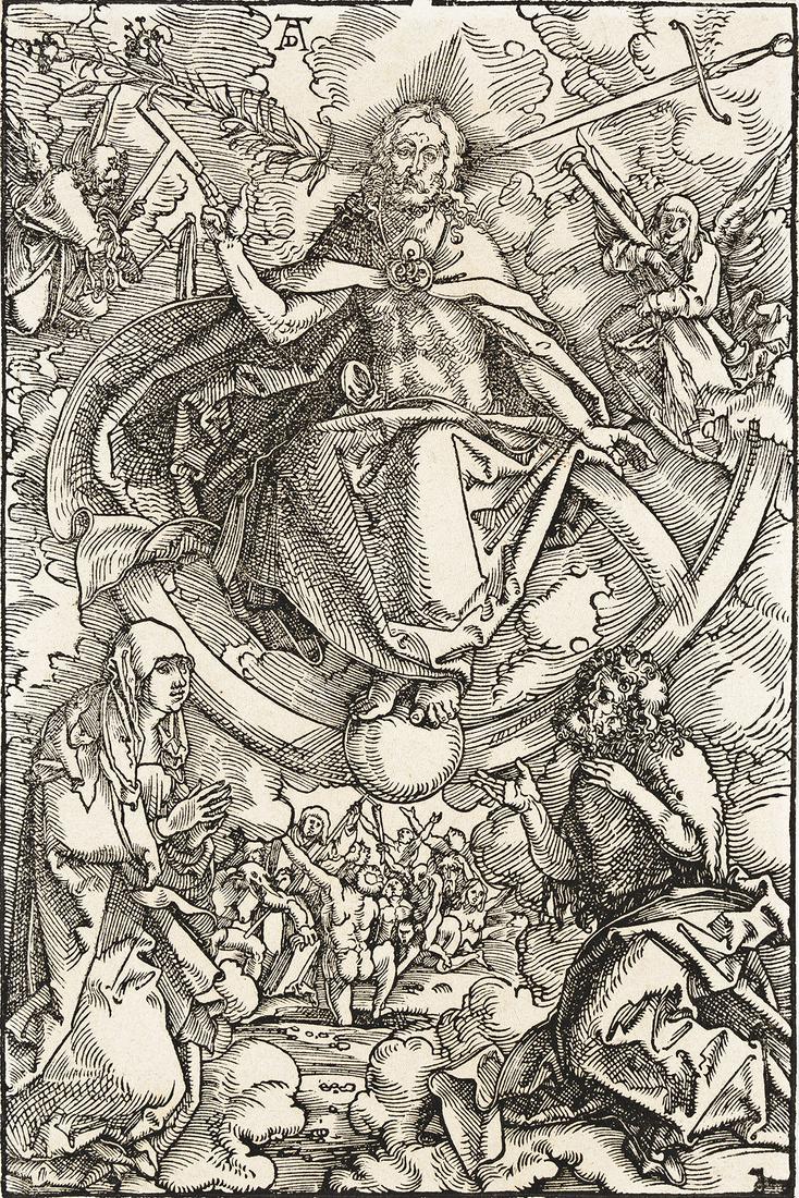 HANS BALDUNG GRIEN The Last Judgment.: HANS BALDUNG GRIEN The Last Judgment. Woodcut, circa 1505-07. 260x175 mm; 10¼x7 inches, narrow to thread margins. Second state (of 2), with Dürer's monogram upper left. A superb, dark and ri
