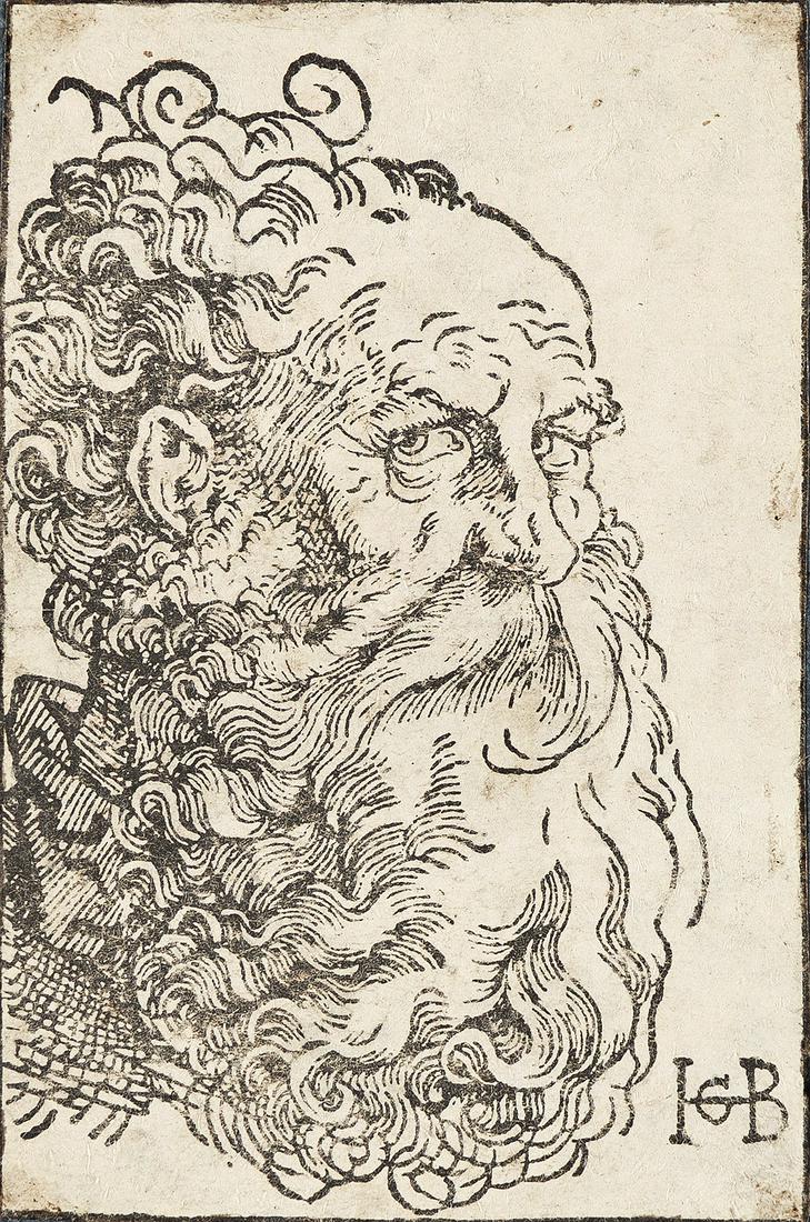 HANS BALDUNG GRIEN Head of an Old Man.: HANS BALDUNG GRIEN Head of an Old Man. Woodcut, circa 1518-19. 114x75 mm; 4½x3 inches. Trimmed on or just inside the border line, with the line reinforced in ink. A very good impression of this e