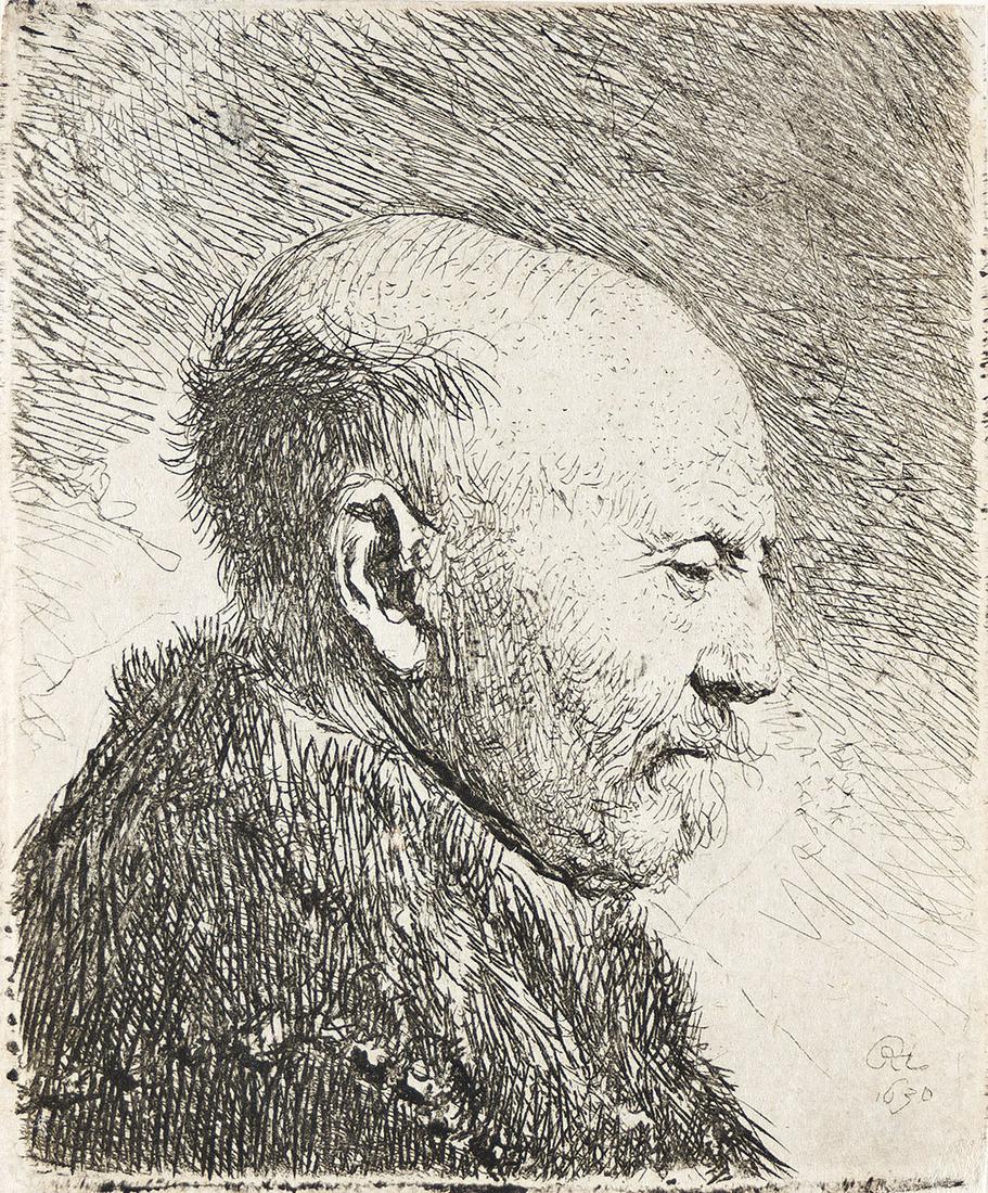 REMBRANDT VAN RIJN Bald Headed Man in Profile Right: the Artist's Father (?).: REMBRANDT VAN RIJN Bald Headed Man in Profile Right: the Artist's Father (?). Etching and drypoint, 1630. 70x58 mm; 2¾x2¼ inches, narrow to thread. Biörklund's third state (of 3), after