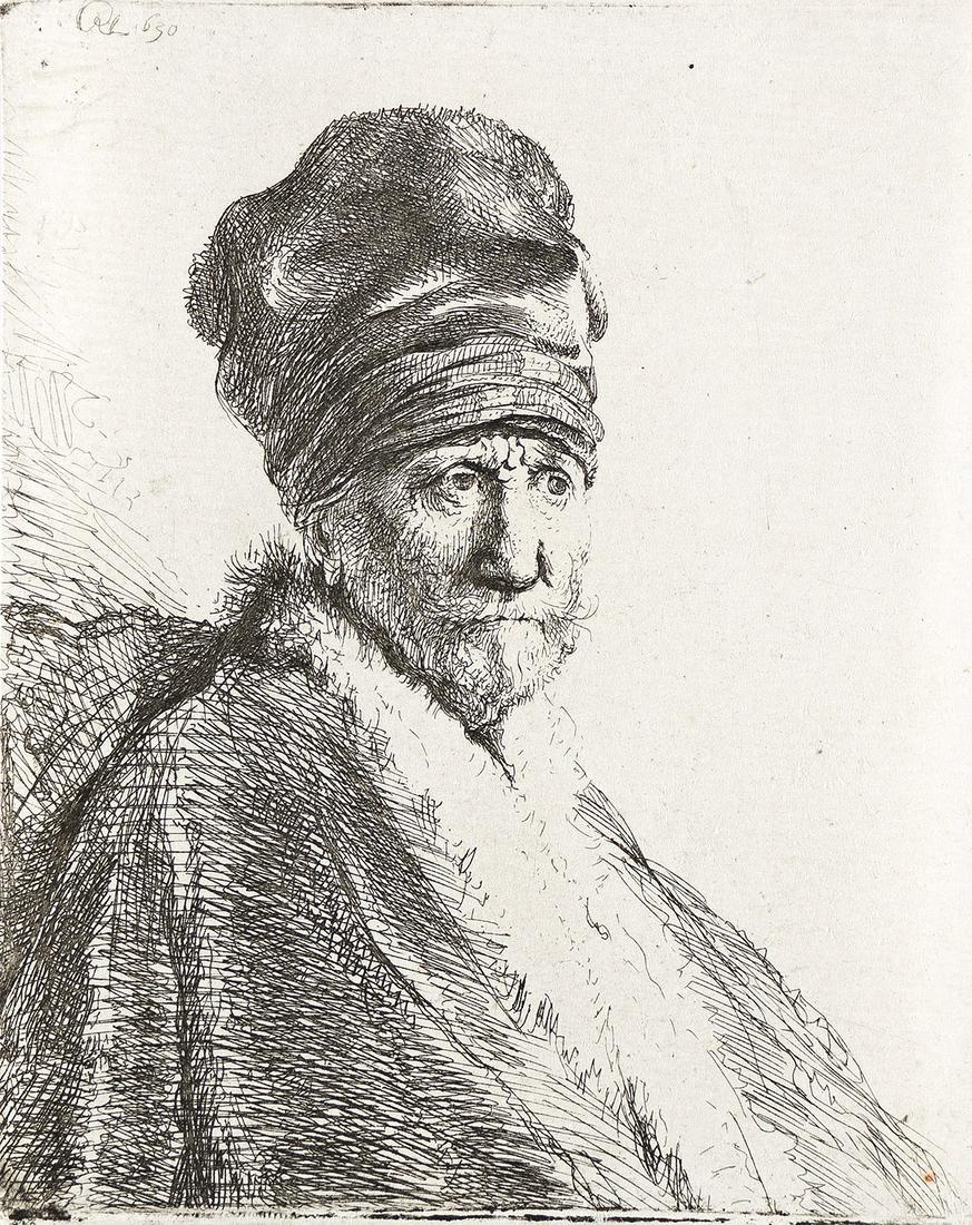 REMBRANDT VAN RIJN Bust of a Man Wearing a High Cap, Three-Quarters Right (The Artist's Father ?).: REMBRANDT VAN RIJN Bust of a Man Wearing a High Cap, Three-Quarters Right (The Artist's Father ?). Etching, 1630. 103x85 mm; 4x3½ inches. Biörklund's second state (of 2); Usticke's third sta