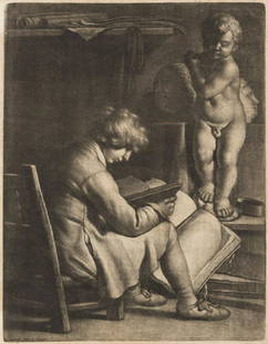 WALLERANT VAILLANT Young Artist with a Statue of Cupid.: WALLERANT VAILLANT Young Artist with a Statue of Cupid. Mezzotint, circa 1665. 277x213 mm; 10x8 inches, small margins. A very good impression of this scarce, early mezzotint.Vaillant (1623-1677) was a