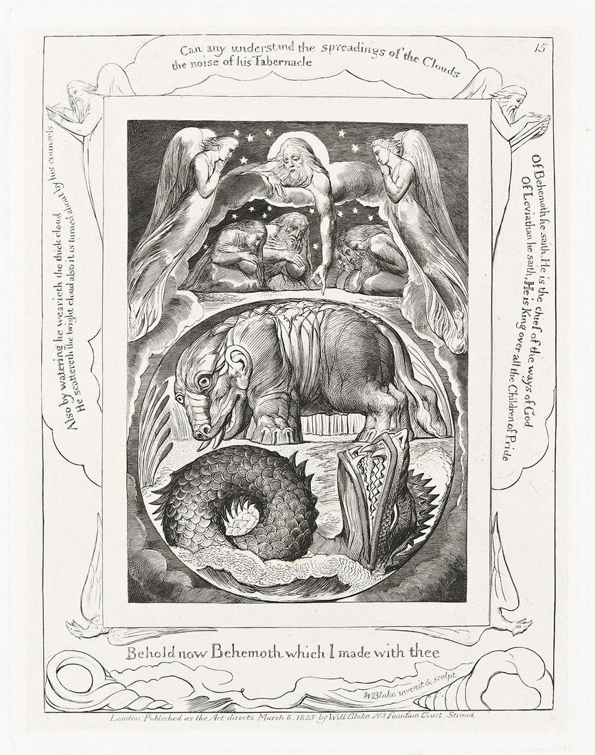 WILLIAM BLAKE Behold Now Behemoth which I Made with Thee.: WILLIAM BLAKE Behold Now Behemoth which I Made with Thee. Engraving on Chine collé, 1825. 202x153 mm; 8x6 inches, full margins. Edition of approximately 300. Published by the artist and J. Linnel
