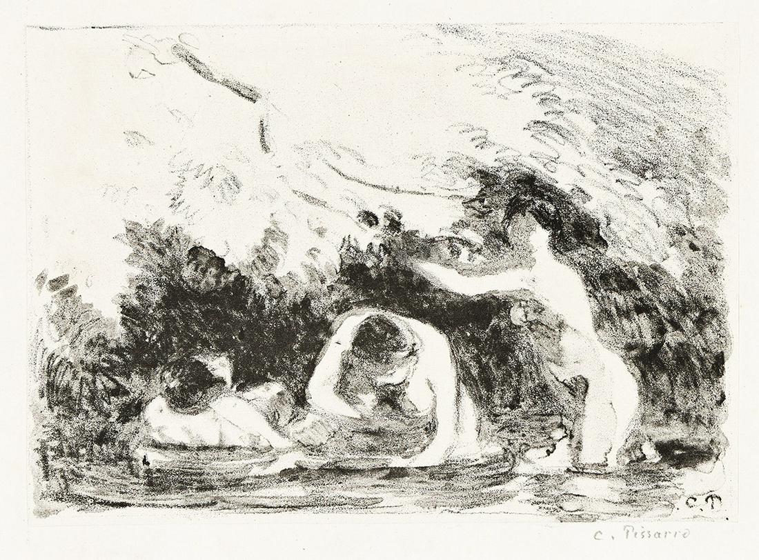 CAMILLE PISSARRO Baigneuses à l'ombre des berges boisées.: CAMILLE PISSARRO Baigneuses à l'ombre des berges boisées. Lithograph Chine appliqué, 1895. 152x216 mm; 6x8½ inches, full margins. Second state (of 2). Edition of 100. Signed in pen